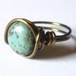 Boho Turquoise Ring Custom Size In Antique Brass