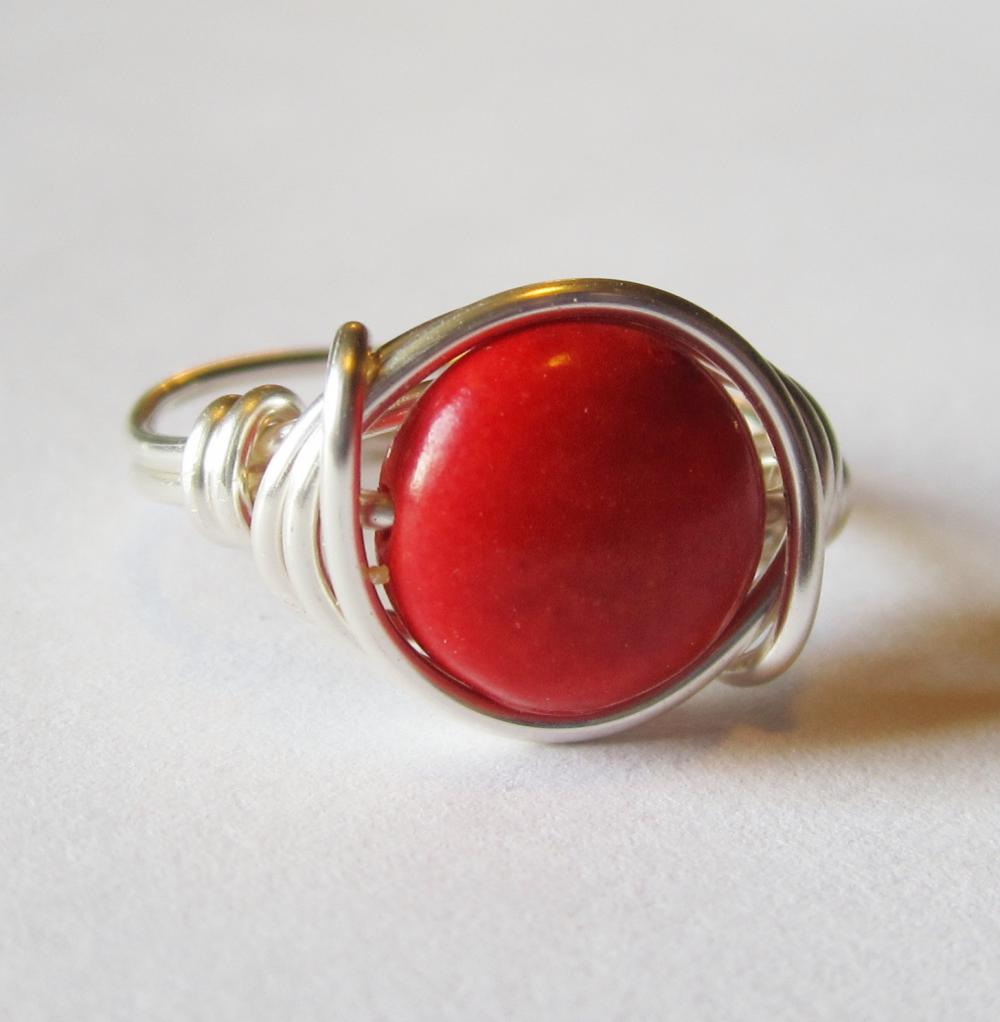 Red Magnesite Gemstone Ring In Silver, Wire Wrapped Jewelry