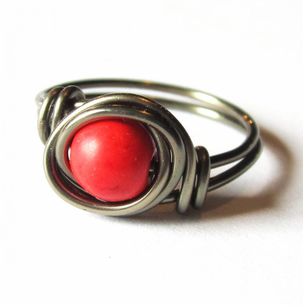 Red Magnesite Ring Wire Wrapped In Gunmetal